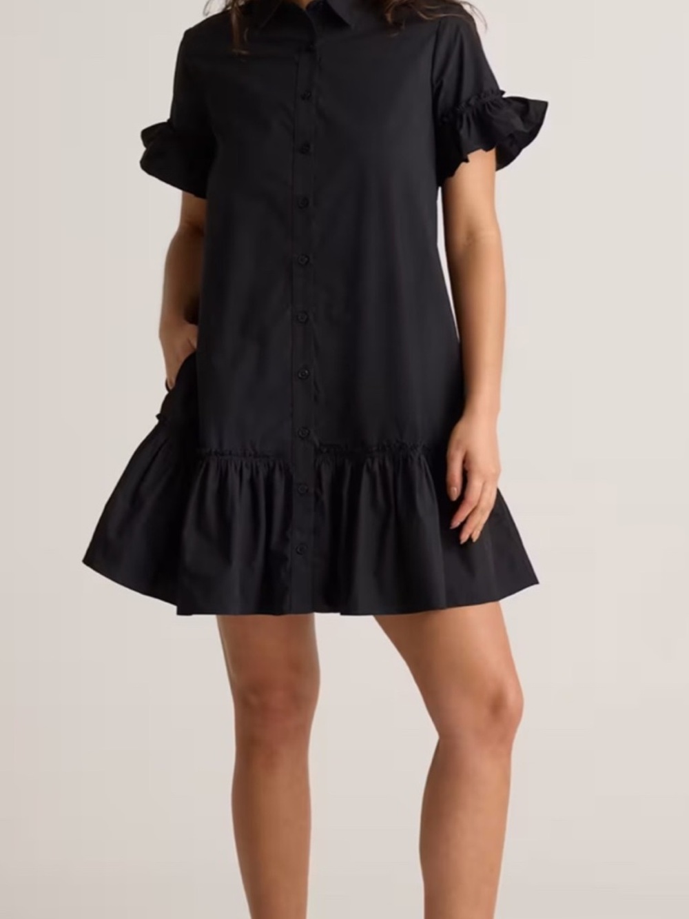 Quince 100% Organic Cotton Black Poplin Short Sleeve Ruffle Shirt Dress Black M